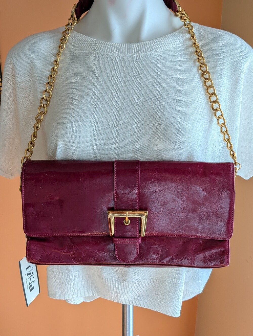 NEW The Find Burgundy Leather Shoulder Bag with Gold Chain